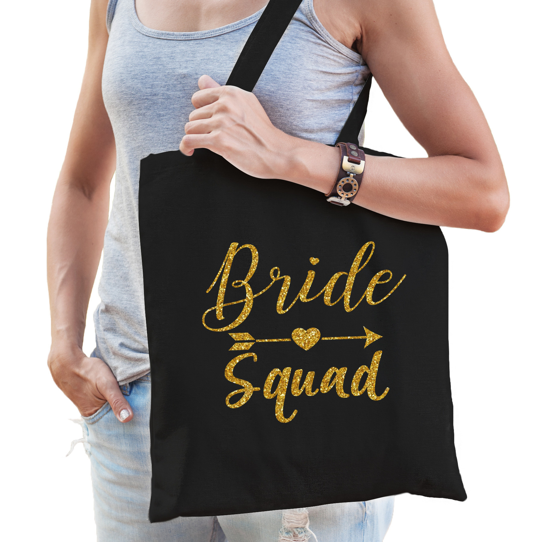 1x Vrijgezellenfeest Bride Squad tasje zwart goud/ goodiebag dames