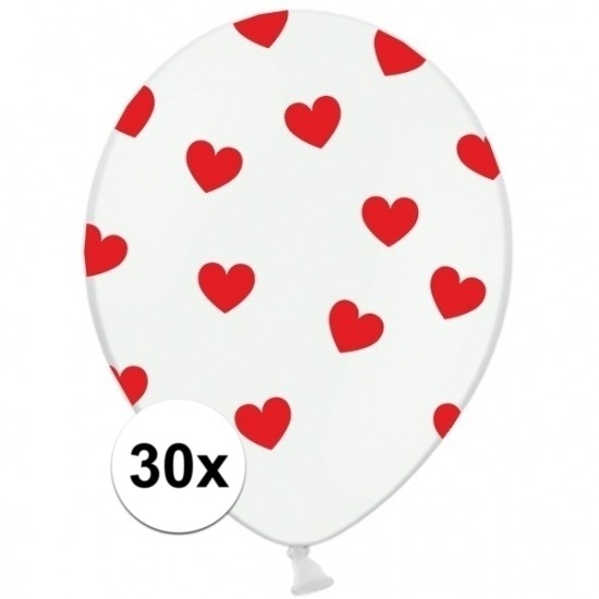 30x stuks witte ballonnen met hartjes rood
