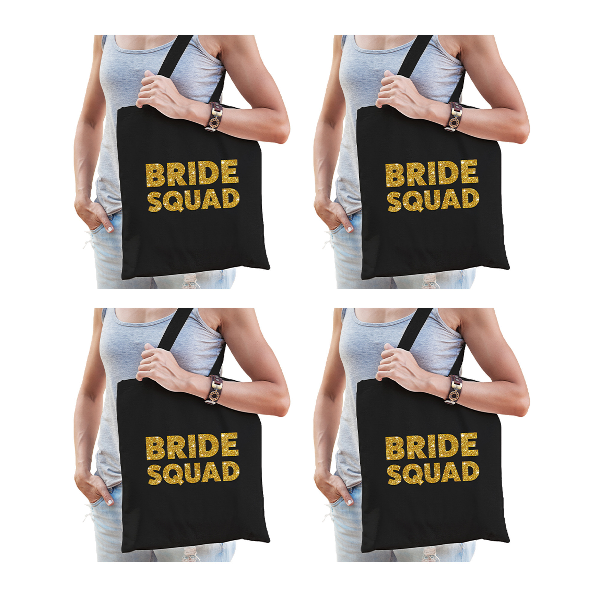 6x Bride Squad vrijgezellenfeest tasje zwart goud/ goodiebag dames