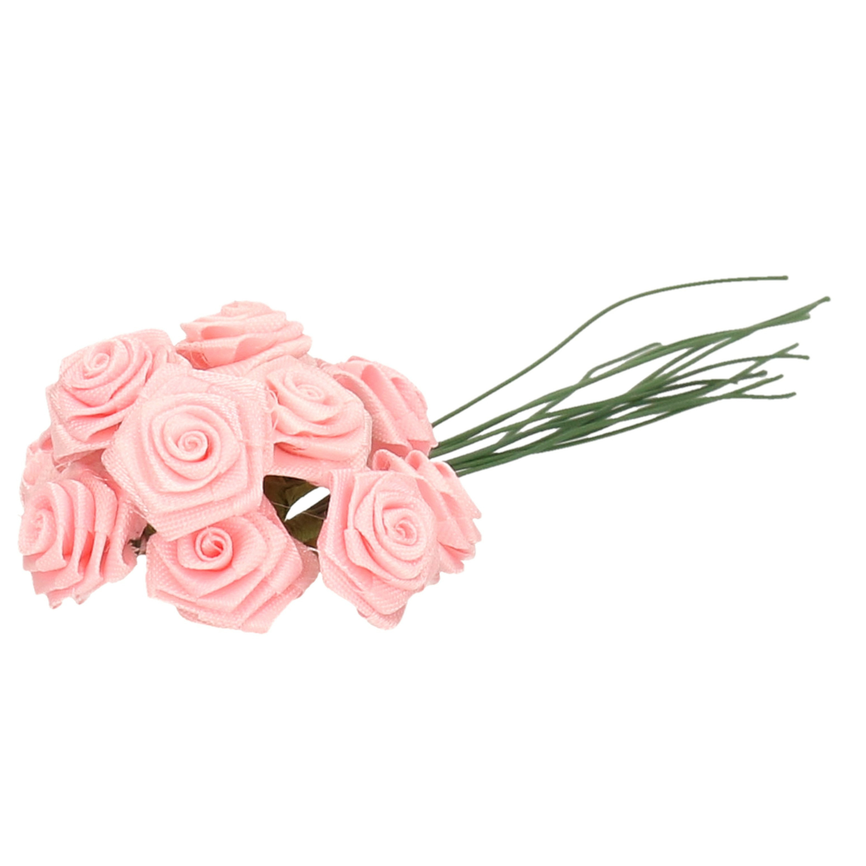 Decoratie roosjes satijn - bosje van 12 st - lichtroze - 12 cm - hobby/DIY bloemetjes