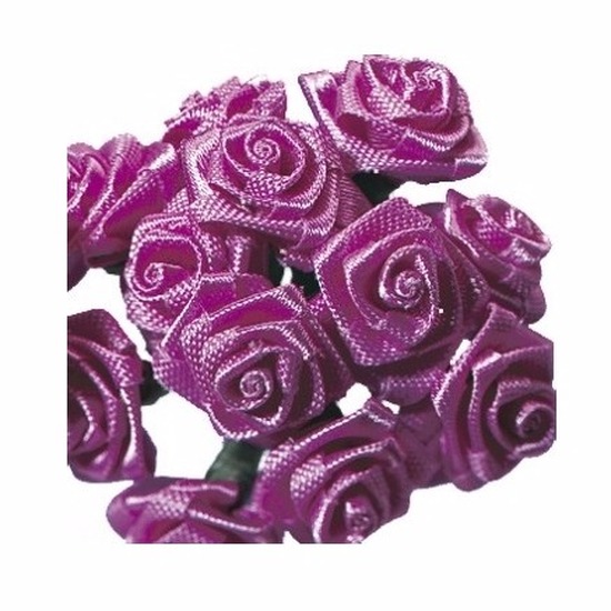 Decoratie roosjes satijn - bosje van 12x - paars - 12 cm - hobby/DIY bloemetjes
