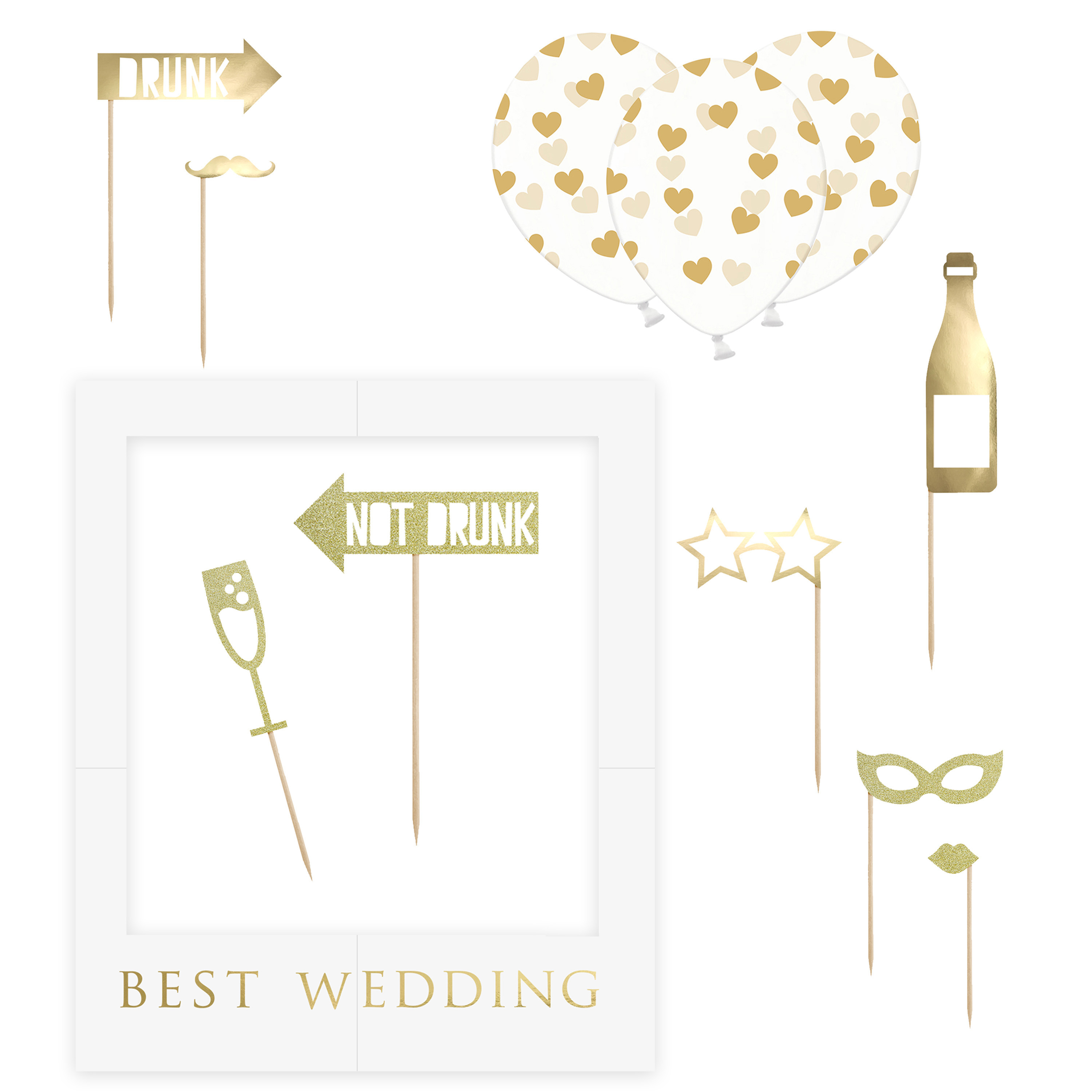 Foto prop set Best Wedding Bruiloft goud-wit 13-delig met frame photobooth-selfie