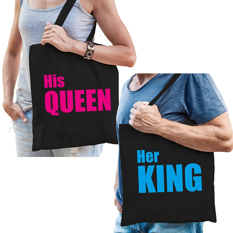 Katoenen tassen blauw-roze his queen en her king volwassenen