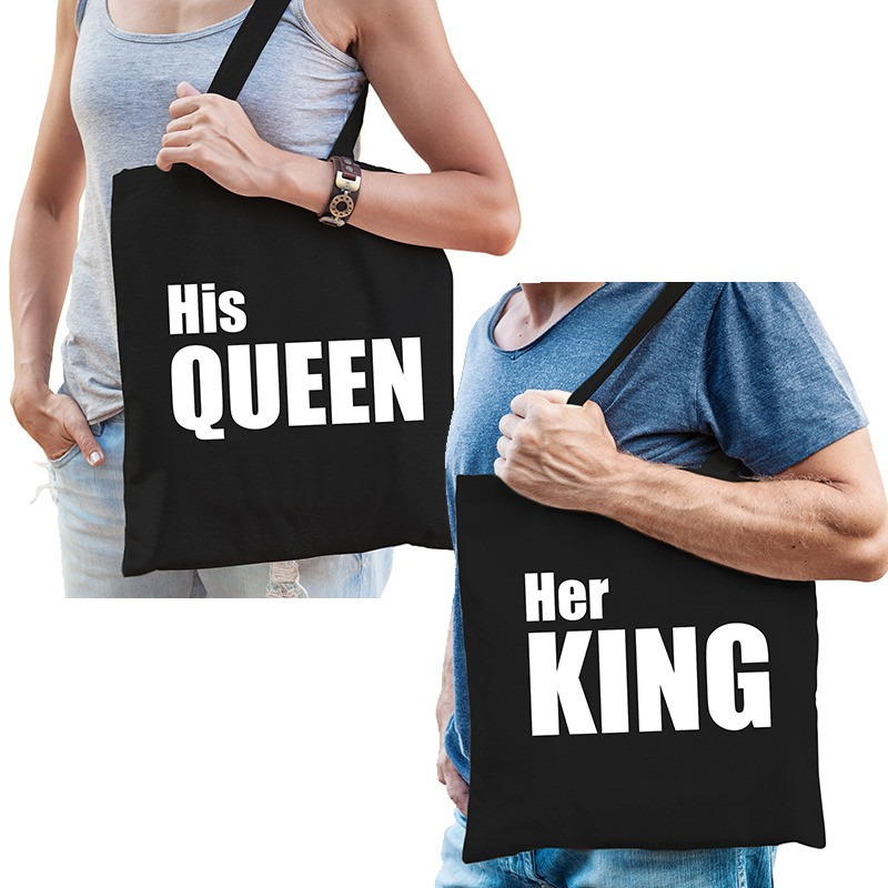 Katoenen tassen zwart-wit his queen en her king volwassenen