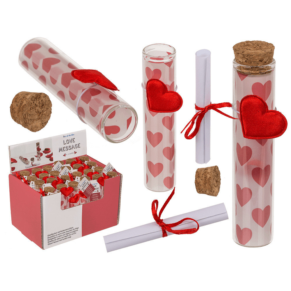 Pakket van 50x stuks valentijn hartjes cadeau hartjes flesje van glas met boodschap 11 cm