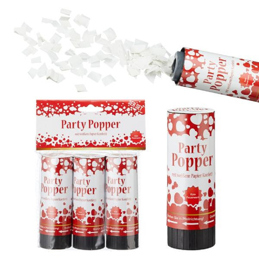 Set van 3x party poppers/confetti shooters valentijn/bruiloft wit 10 cm
