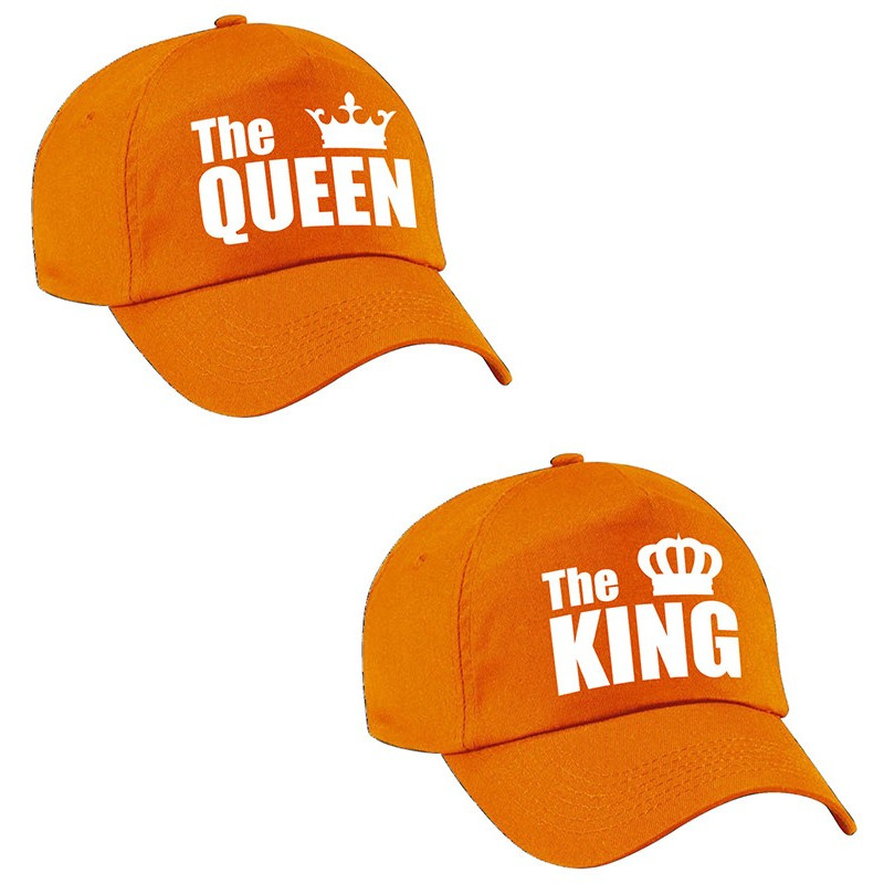 The King-The Queen petten oranje met witte kroon volwassenen