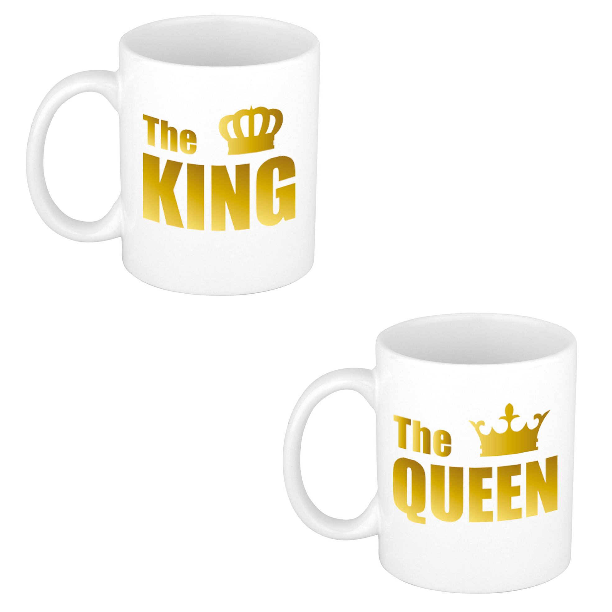 The queen en the king cadeau mok - beker wit met gouden kroon en letters 300 ml