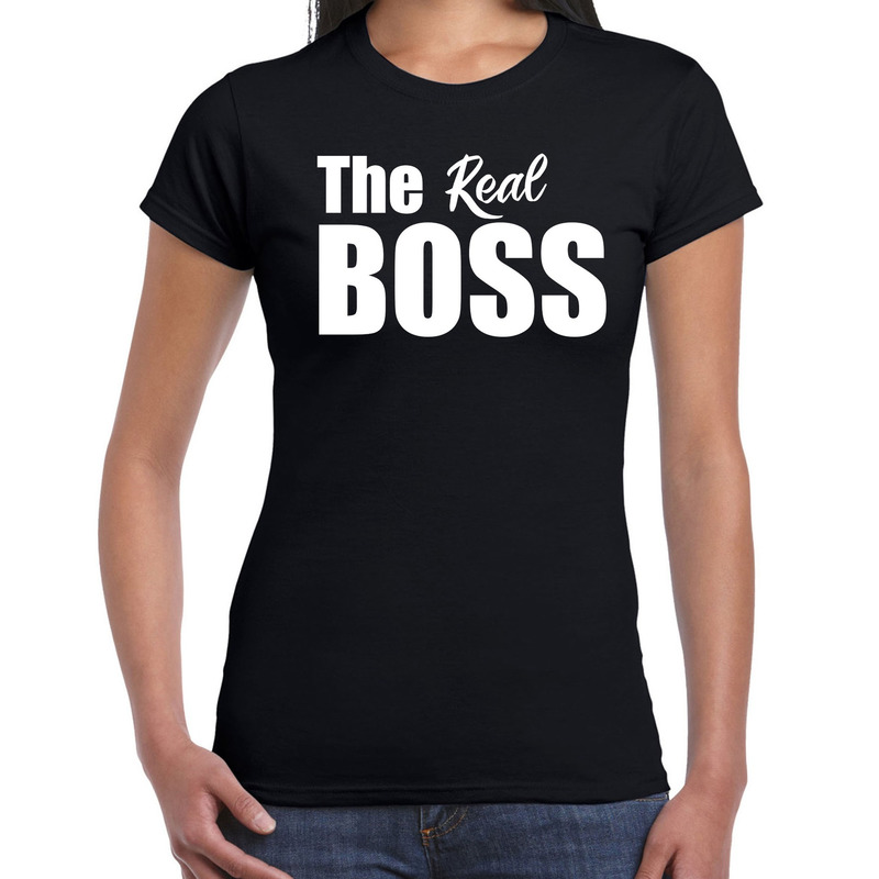 The real boss t-shirt zwart met witte letters voor dames