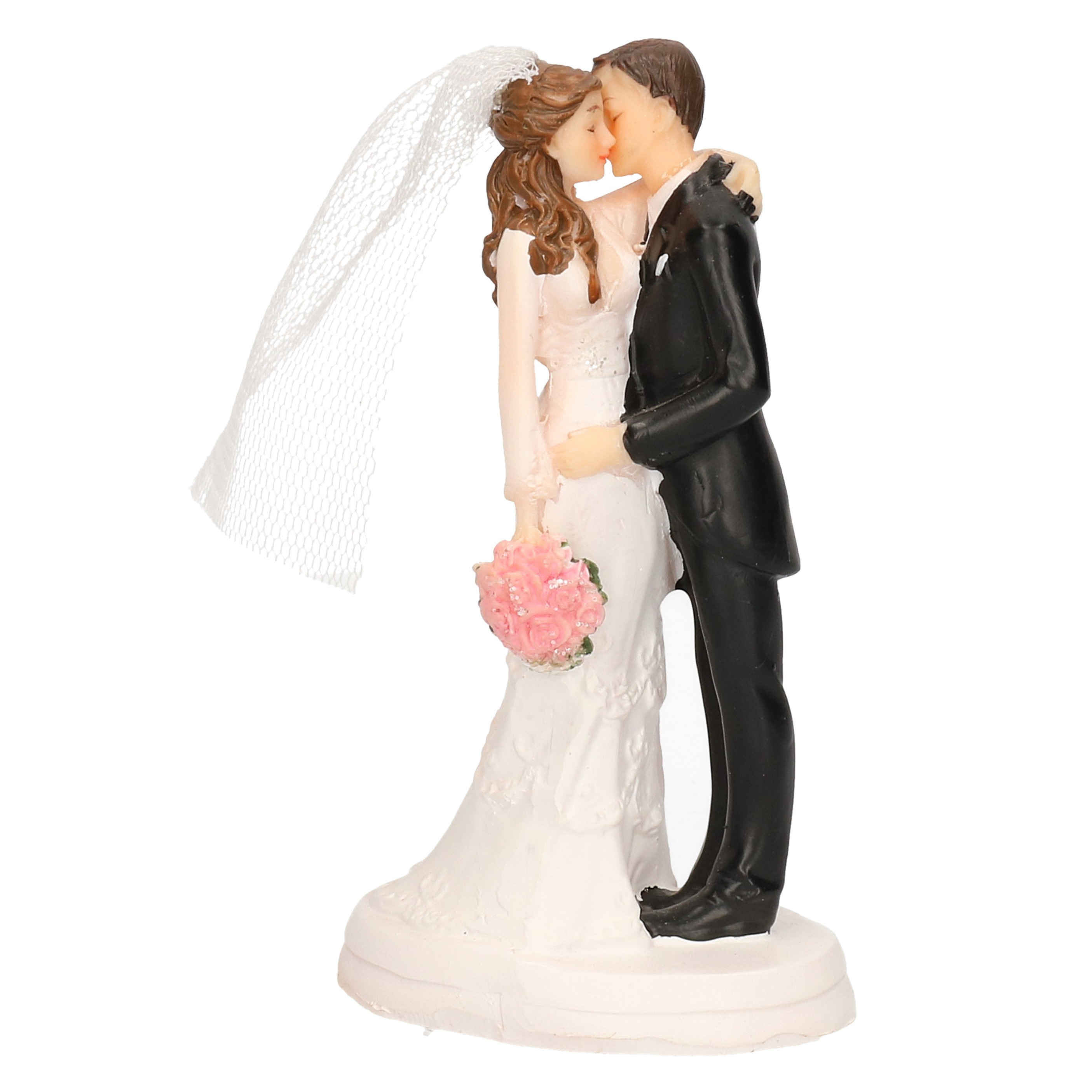 Trouwfiguurtjes bruidspaar kus taart decoratie 14cm