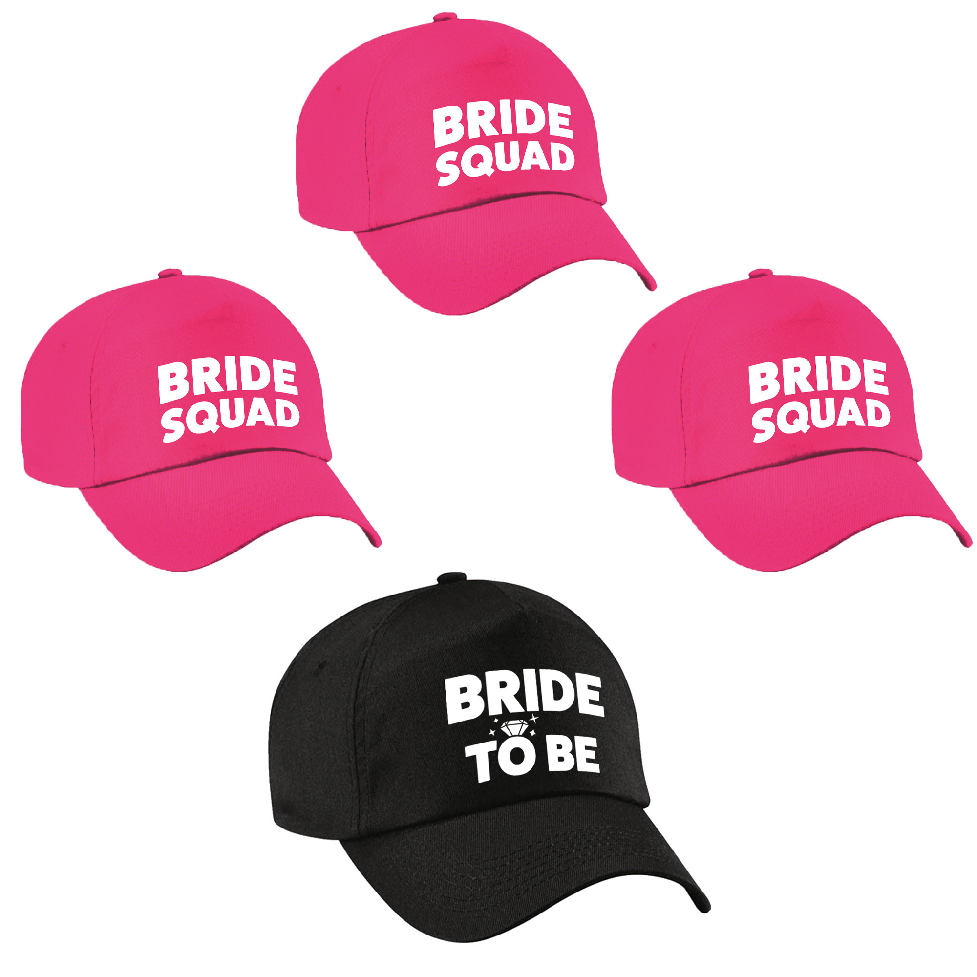 Vrijgezellenfeest dames petjes pakket - 1x Bride to Be zwart + 5x Bride Squad roze
