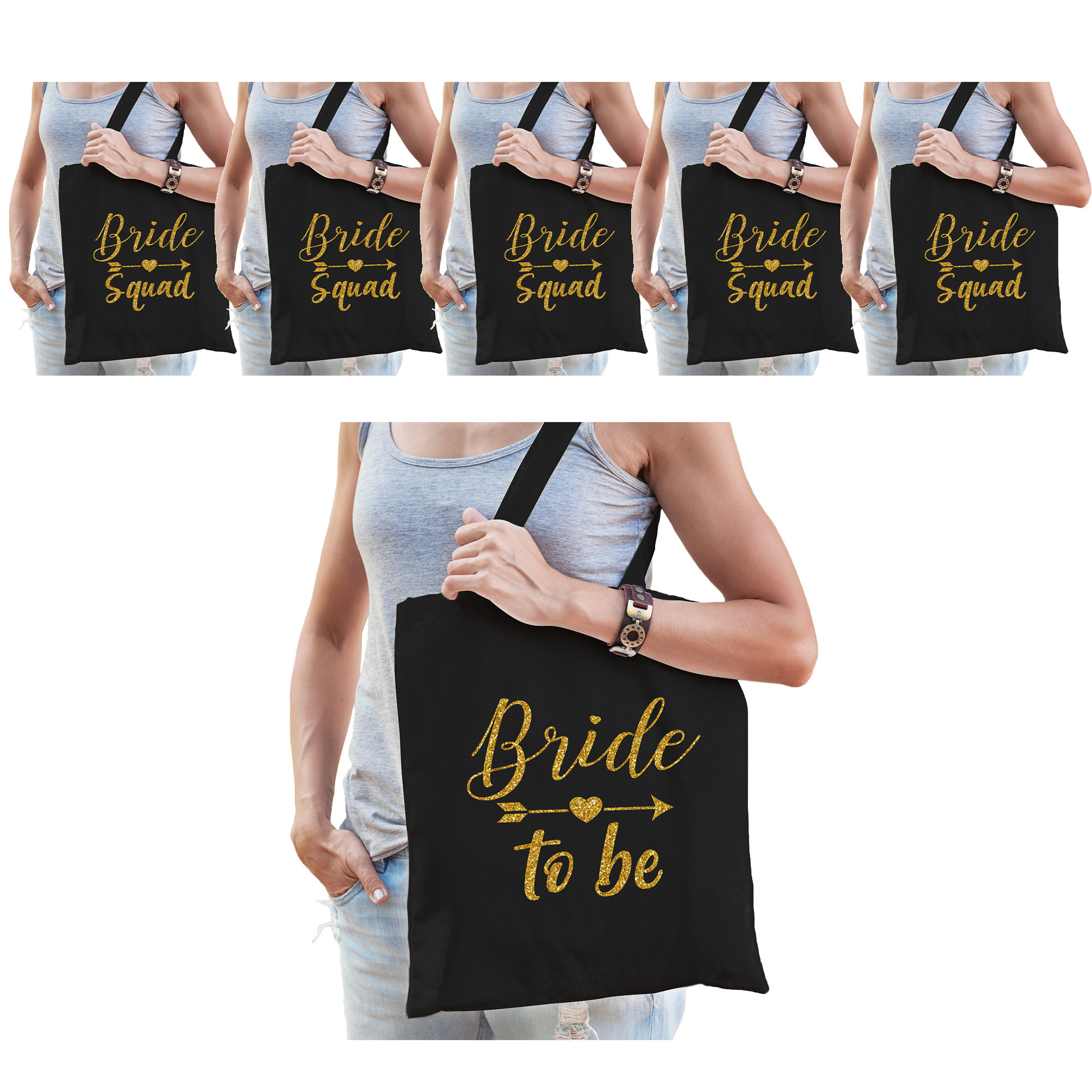Vrijgezellenfeest dames tasjes/ goodiebag pakket: 1x Bride to Be zwart goud+ 5x Bride Squad zwart go