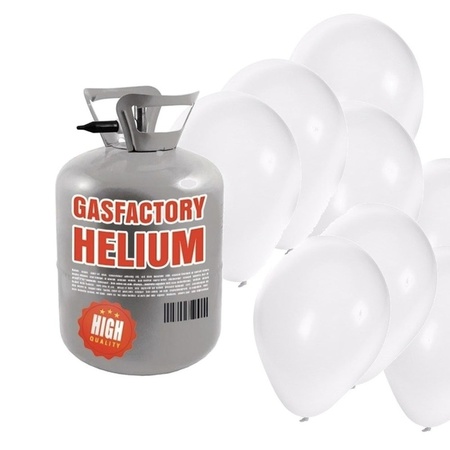 Helium tank with 50 white balloons