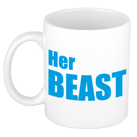 Her beast en his beauty mug / cup white with blue letters 300 ml