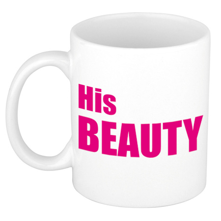 Her beast en his beauty mug / cup white with blue letters 300 ml