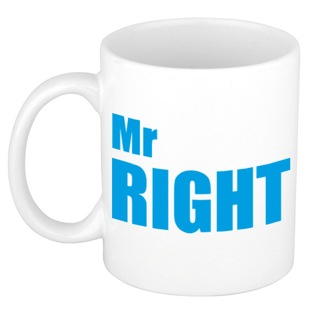 Mr right en mrs always right cadeau mok / beker wit met blauwe en roze letters 300 ml