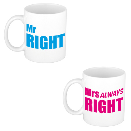 Mr right en mrs always right mug / cup white with blue and pink letters 300 ml