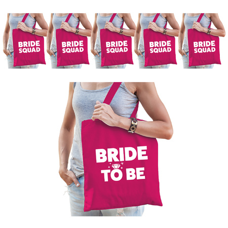 Pakket Vrijgezellenfeest dames tasjes/ goodiebag: 1x Bride to Be roze+ 5x Bride Squad roze