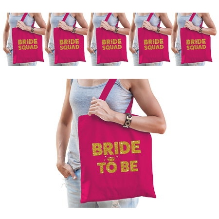 Pakket Vrijgezellenfeest dames tasjes/ goodiebag: 1x Bride to Be roze goud+ 9x Bride Squad roze goud