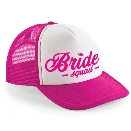 Vrijgezellenfeest dames petjes pakket sierlijke letters - 1x Bride to Be roze + 7x Bride Squad roze