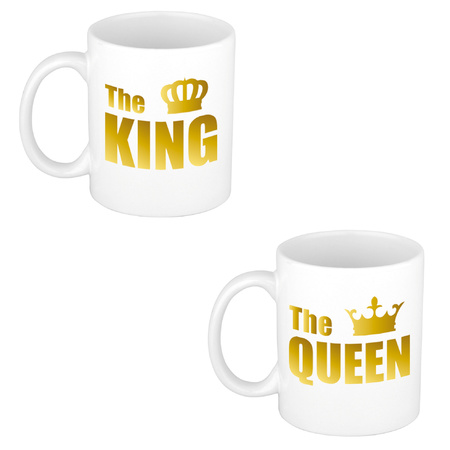 The queen en the king cadeau mok / beker wit met gouden kroon en letters 300 ml