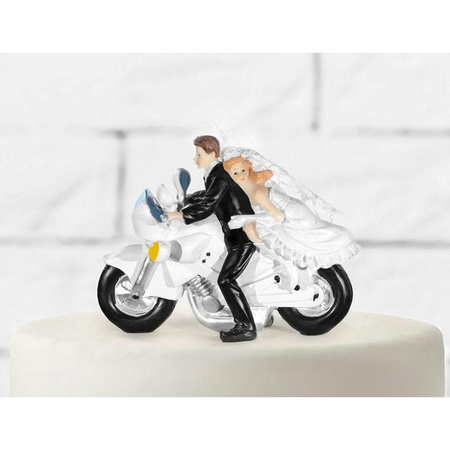 Trouwfiguurtje/caketopper bruidspaar - bruid en bruidegom op motor - Bruidstaart figuren - 11 cm