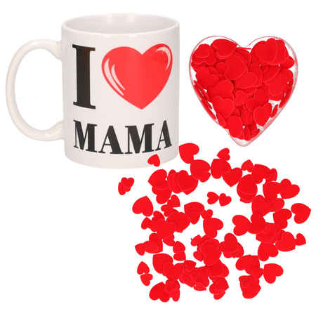 Valentijnsdag cadeau set koffie mok/beker Mama met deco strooi hartjes