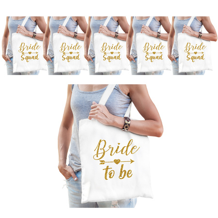 Bachelorette party ladies bags package - 1 x Bride to Be white + 5x Bride Squad white